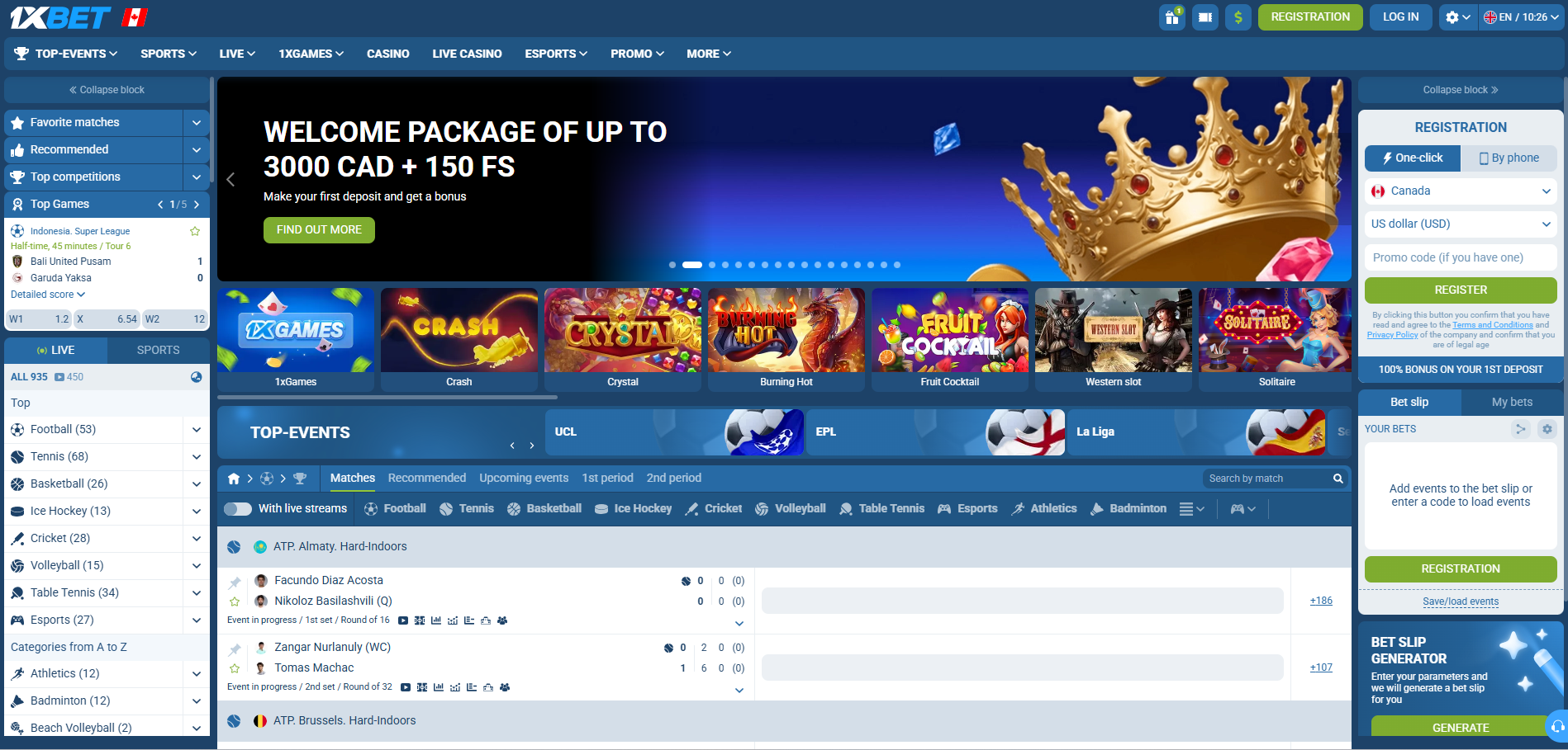 1xBet casino website screenshot