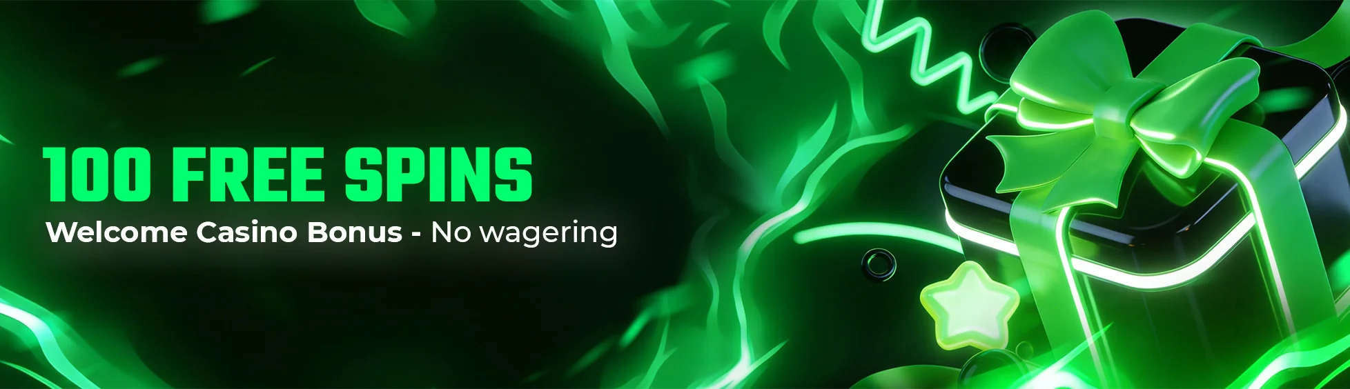 100 Free Spins welcome casino bonus with a neon gift box