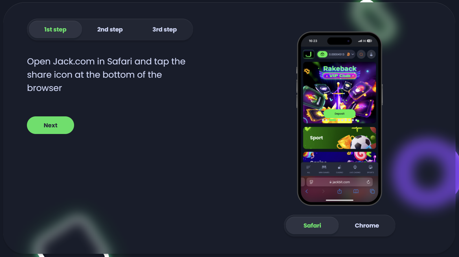 Jack mobile website with Safari share button highlighted for adding it to the home screen