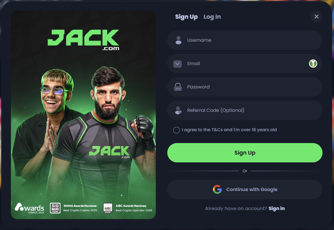 JACK.com signup form with promotional banner