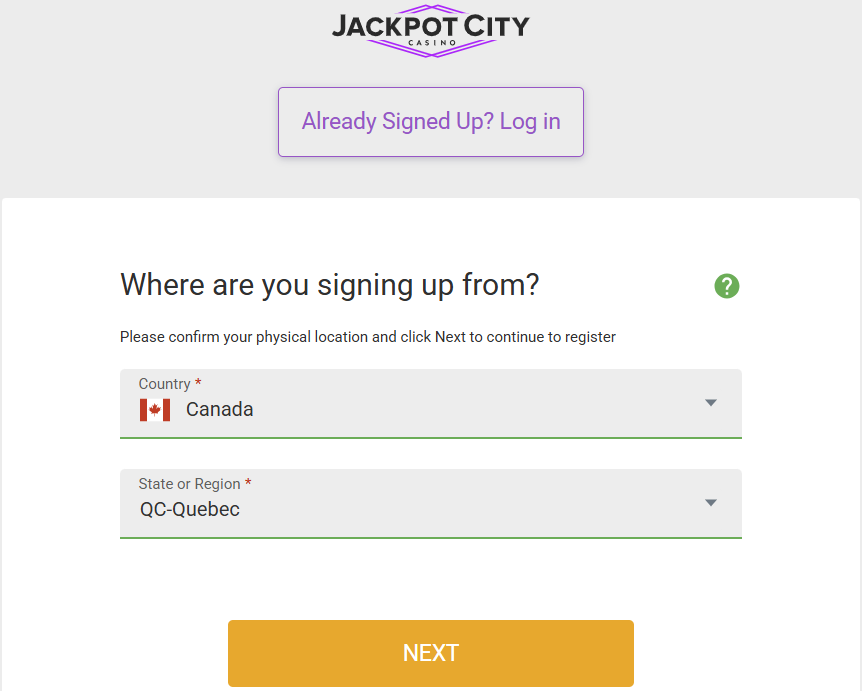 Jackpot City registration form with country and region selection