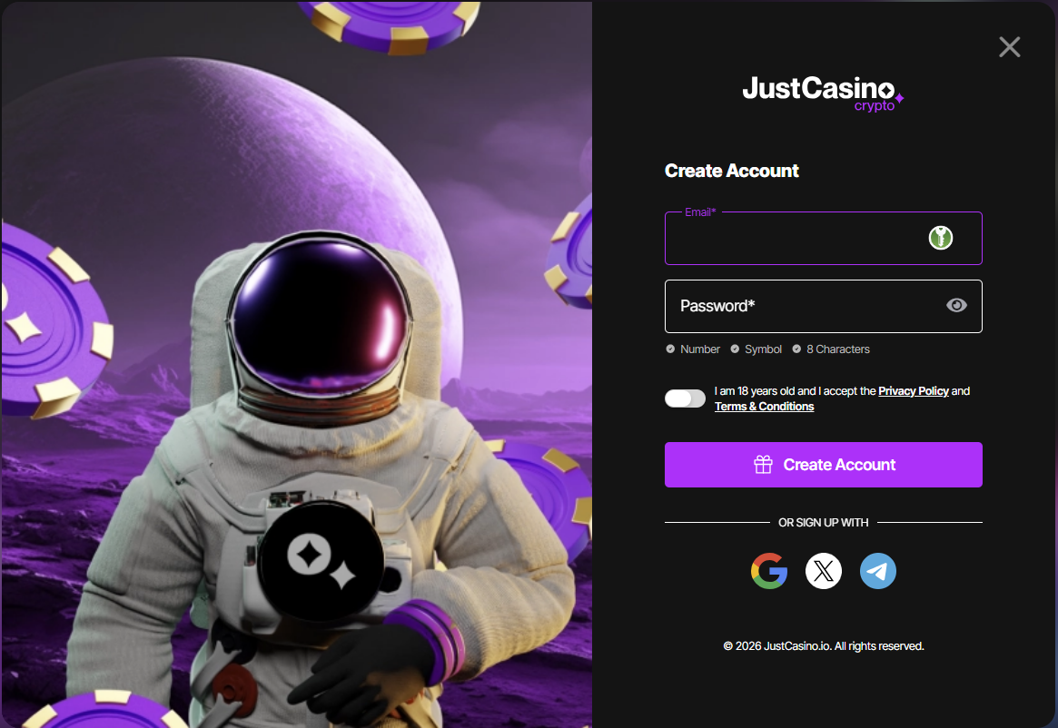 JustCasino create account form beside an astronaut and floating casino chips