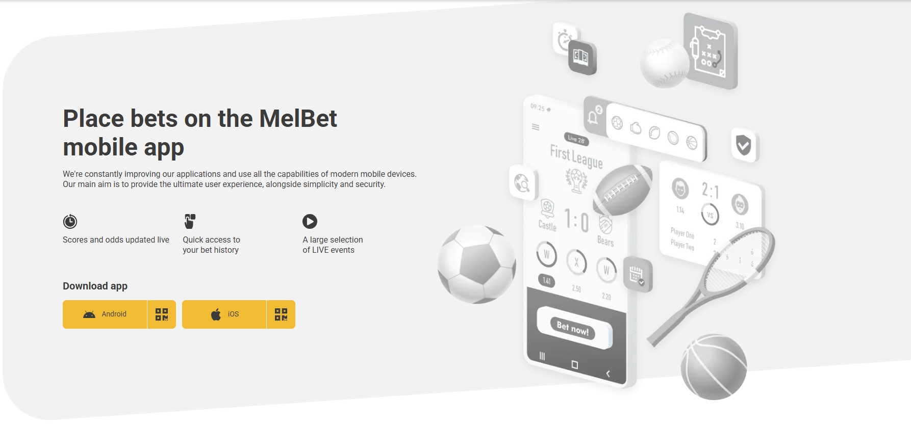 Melbet mobile app interface with download options for Android and iOS