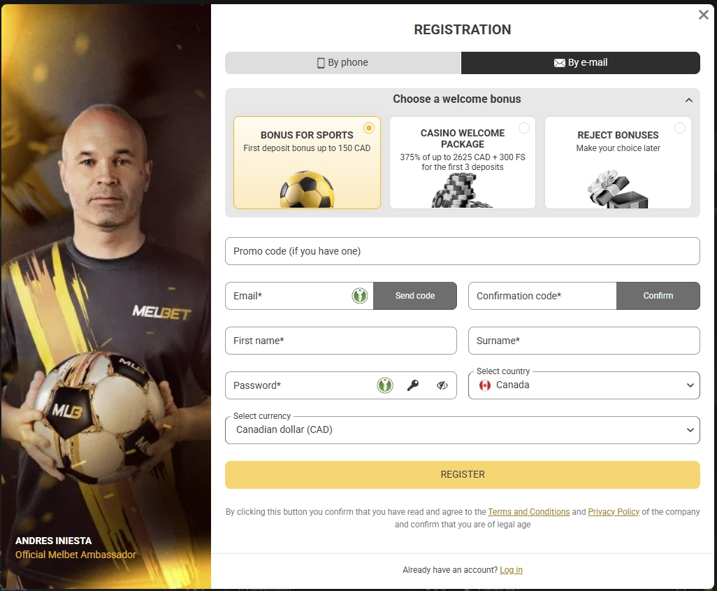 Melbet registration form with account fields and welcome bonus options