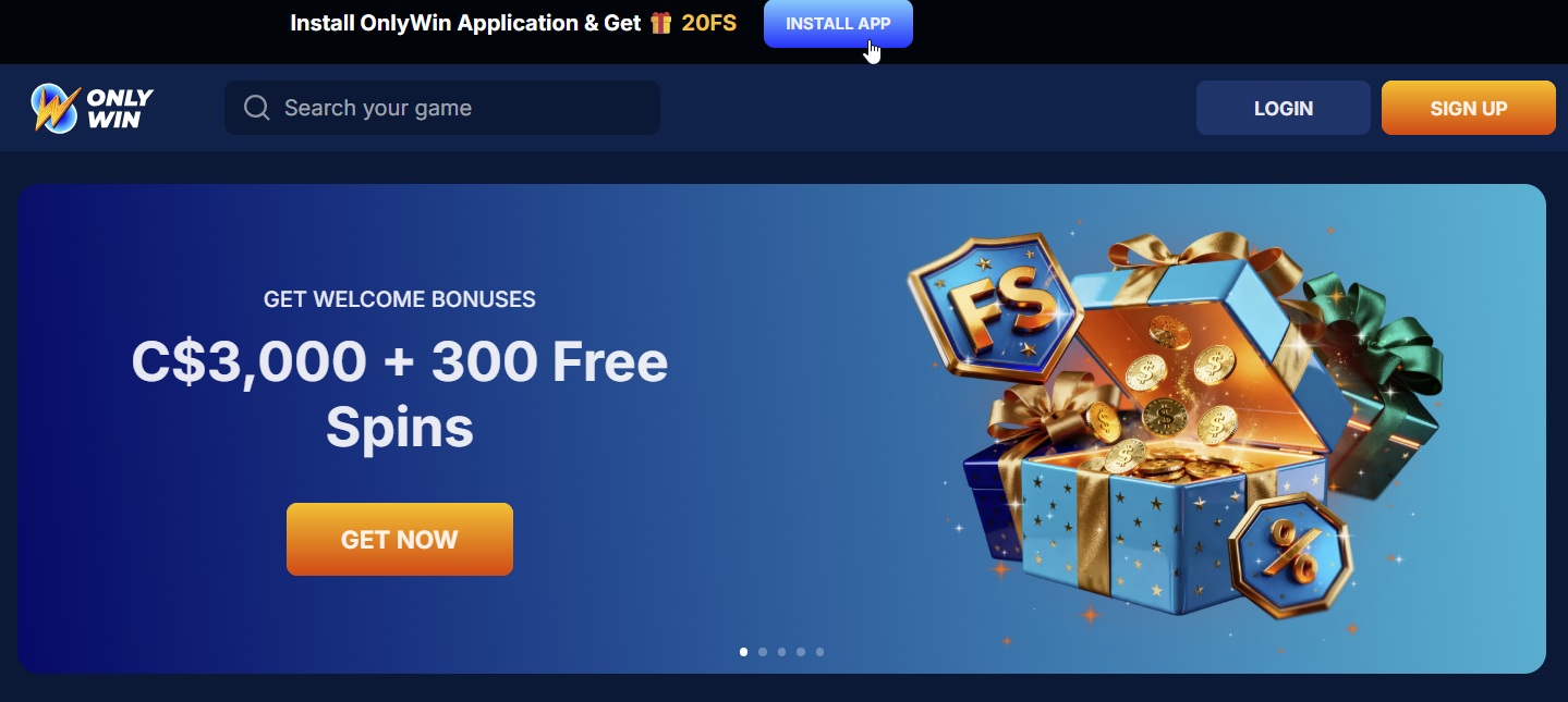 OnlyWin casino page promoting the mobile app and free spins for installation