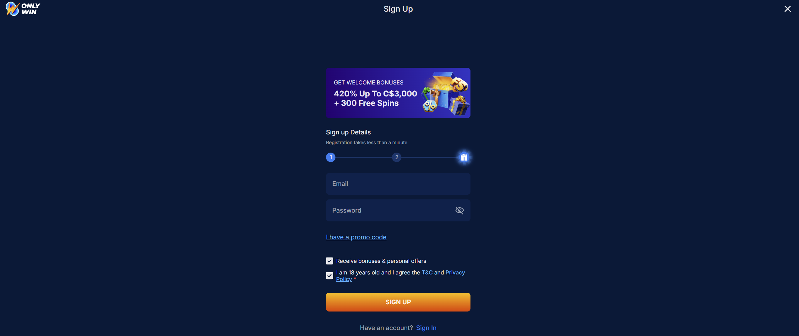 OnlyWin registration form with email and password fields and a welcome bonus offer