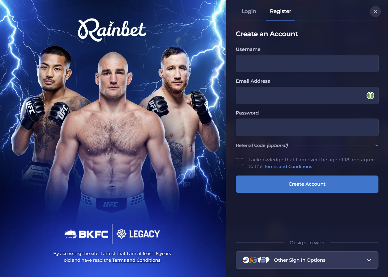 Rainbet account registration form with username, email, password and referral code fields