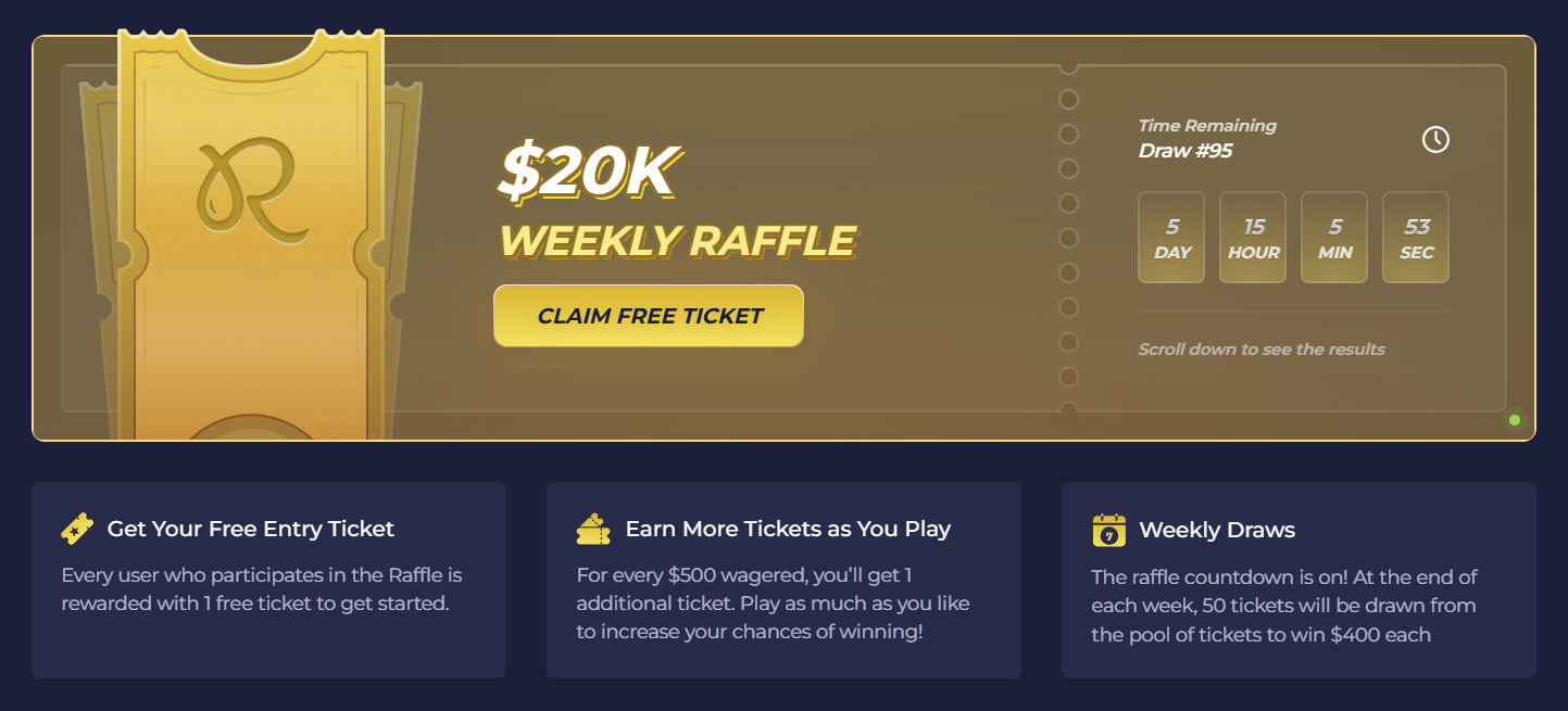 Rainbet weekly raffle promotion with a 20000 dollar prize and free ticket option