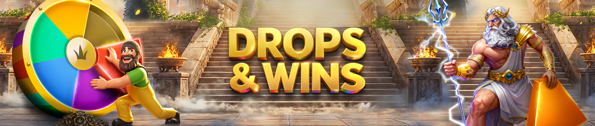 Drops and Wins casino promotion with a prize wheel and Zeus holding a lightning bolt