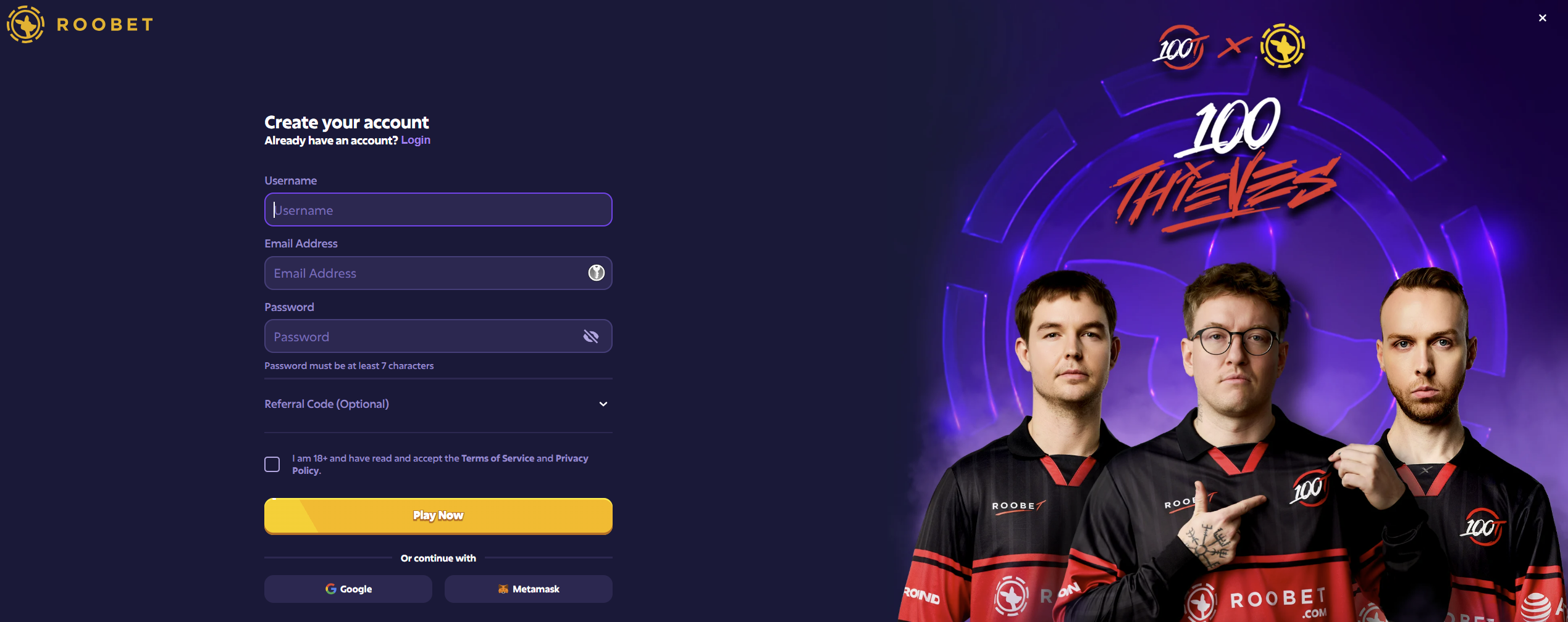 Roobet account creation form with username, email, password and referral code fields