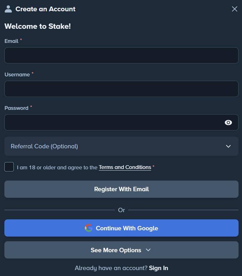 Stake account registration form with email, username, password and referral code fields