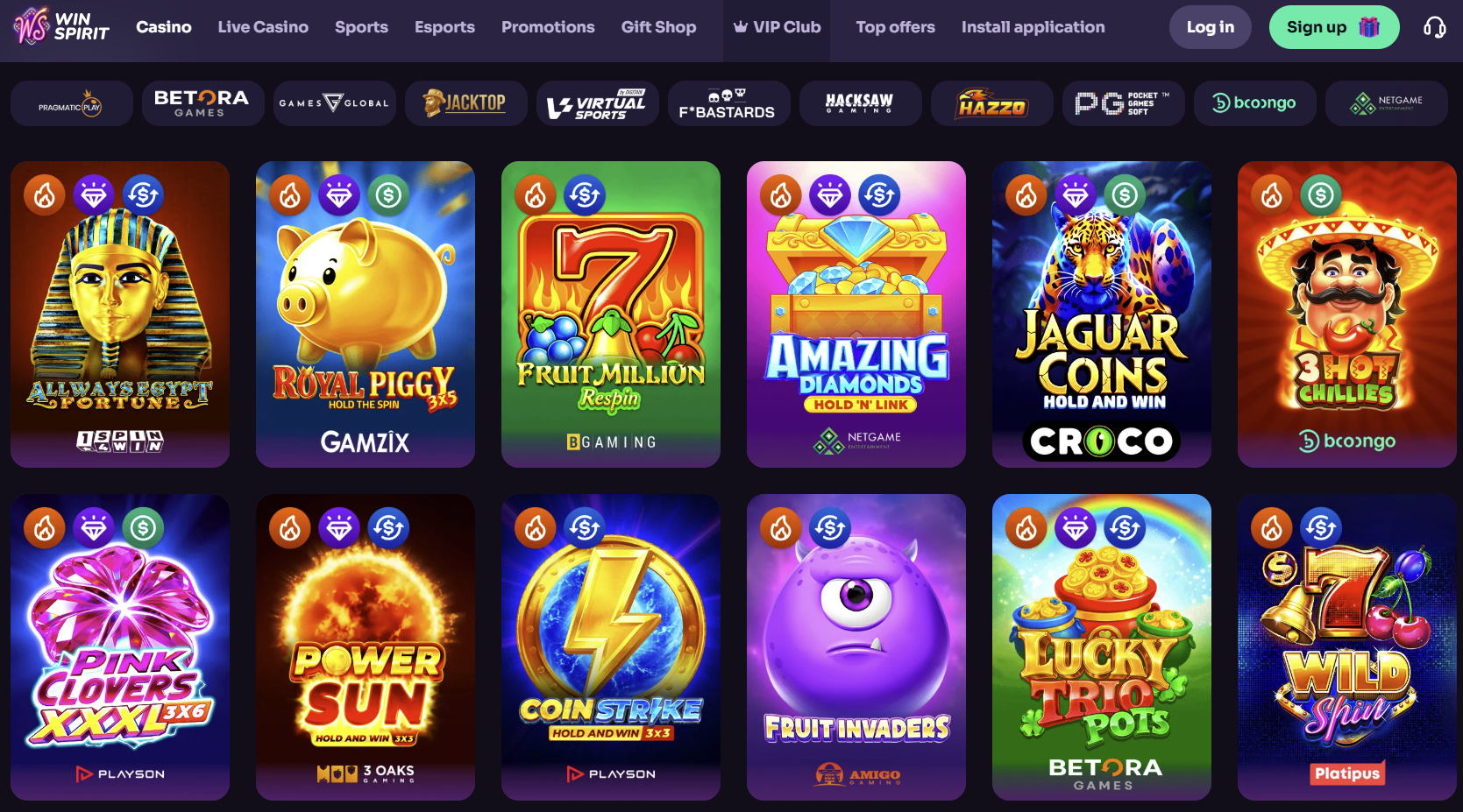 WinSpirit casino lobby with slot games, providers and navigation options