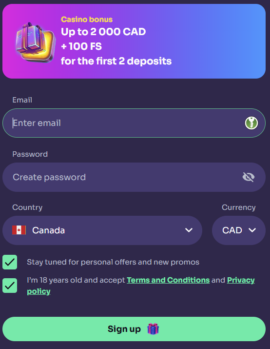 WinSpirit registration form with Canada, CAD currency and casino bonus options